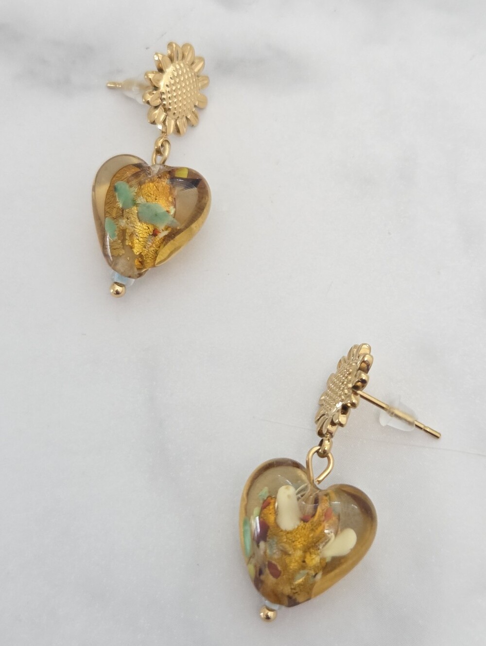 Gold Sunflower Amber Heart Dangle Drop Earrings Stainless Steel Boho Jewelry - Picture 6 of 13
